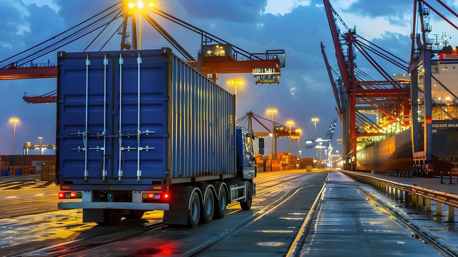 Truck at a logistics port for industrial cargo delivery