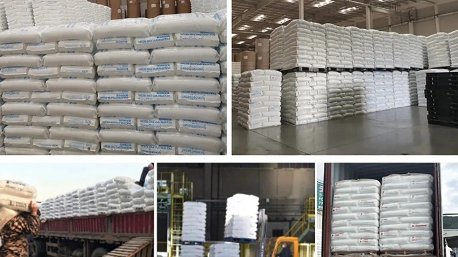 Large warehouse stacks of polymer raw materials